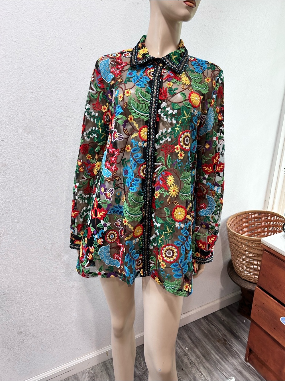 Berek Vibrant Embroidered Sheer Floral Button-Up tunic - Multicolor